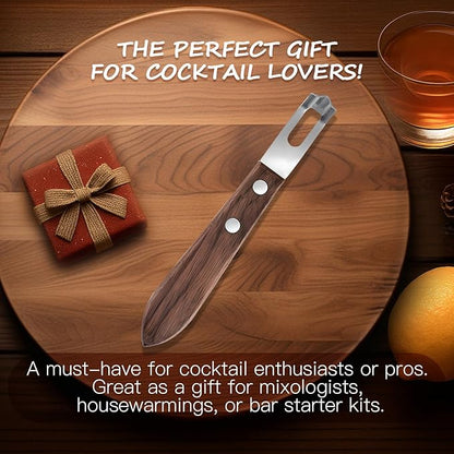 Channel Knife for Zesting Stainless Steel Bar Tool with Wood Handle, Curved Blade for Lemon/Orange Twists Cocktail Garnish Tool for Bartenders & Home Mixologists