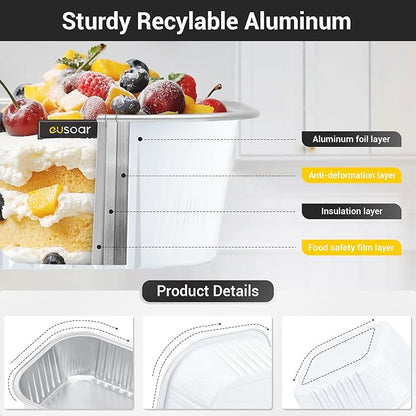 EUSOAR Disposable Ramekins with Lids, White 10oz 50pcs Creme Brulee Ramekins, Aluminum Foil Baking Cups, Square Cupcake Pans, Mini Cake loaf Bread Containers