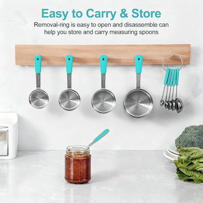 Measuring Cups and Spoons Set, Stainless Steel 10 Piece for Cooking and Baking (5 Cups + 5 Spoons, Aqua Sky Handle)