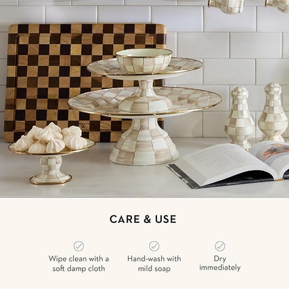 MACKENZIE-CHILDS Enamel Pedestal Platter, Round Cake Stand, Large, Brown-and-White Mocha Check