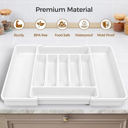 Extra Large Expandable Silverware Organizer, BPA-Free Food-Safe Cutlery Flatware Organizer, Kitchen Utensil Drawer Organizer, Adjustable Silverware Holder for Spoons Forks Knives, White