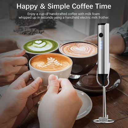Rechargeable Milk Frother with Stand, Electric Frother Wand Handheld Coffee Foam Maker Detachable Stainless Steel Whisk Drink Mixer Foamer for Latte, Cappuccino, Hot Chocolate, Egg (Silver)