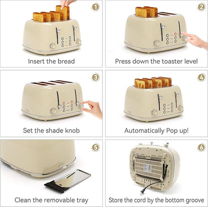 Toaster 4 Slice, Retro Stainless with 6 Bread Shade Settings,1.5''Wide Slots Toaster with Cancel/Defrost/Reheat Functions,Dual Independent Control Panel, Removal Crumb Tray (Cream)