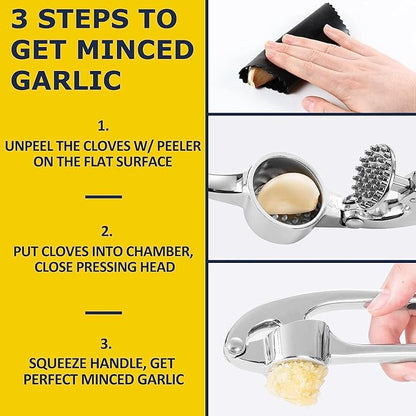 Premium Garlic Press Stainless Steel - Elevate Your Culinary Experience with Our Premium Garlic Mincer, Crusher & Peeler Set, Dishwasher Safe & Rust-proof (Silver)