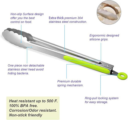 304 Stainless Steel Kitchen Cooking Tongs, 9" and 12" Set of 2 Sturdy Grilling Barbeque Brushed Locking Food Tongs with Ergonomic Grip, Green