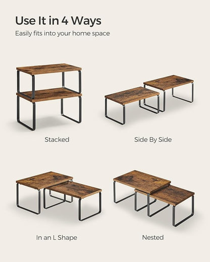 SONGMICS Cabinet Organizer Shelf, Set of 4 Kitchen Counter Shelves, Kitchen Storage, Spice Rack, Stackable, Expandable, Metal and Engineered Wood, Ink Black and Rustic Brown UKCS021X01