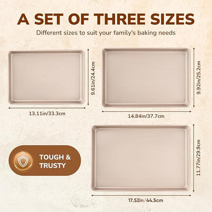 Nonstick Baking Sheet Pan Set of 3, Heavy Duty Cookie Sheets for Oven, 0.6mm Thick Quarter Size & Half Size & Jelly Roll Pan, Rustproof & Easy Clean with Textured Surface(Champagne Gold)