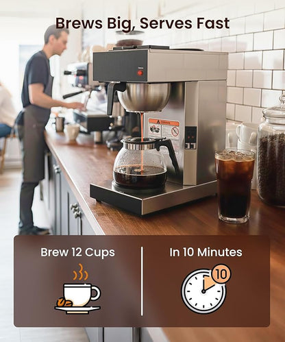 SYBO 12 Cup Coffee Maker Commercial, Pour Over Coffee Maker Brewer, Industrial Stainless Steel Cafetera with 2 Warmers