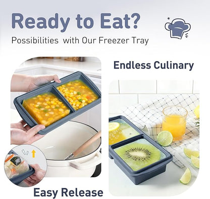 Silicone Freezer Tray with Lid Soup Freezer Container Molds with Steel Reinforced Rim Ice Cube Freezer Molds for Soup, Sauce, Leftovers, Homemade Meal Prep Containers Cooking Accessories
