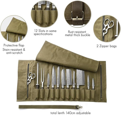 HEZHEN Chef Knife Roll Bag 16oz Oil Waxed Canvas, Heavy Duty Portable Backpack Knife Case Storage, 12 Slots & 2 Zipper Pockets, Detachable Adjustable Leather Shoulder Strap Belt（Not Included Knives）