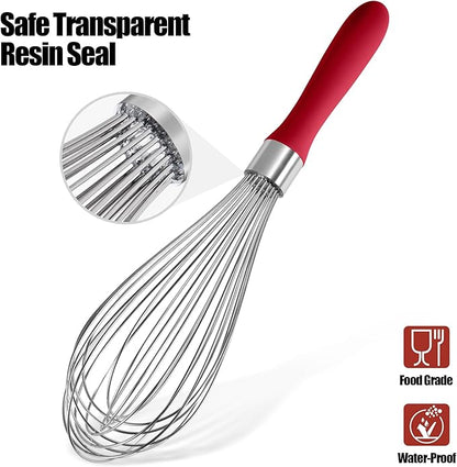 18/8 Stainless Steel Balloon Whisk, Doosu Kitchen Whisk for Cooking Handheld Egg Beater with Rust-Proof Sturdy Wires & Non-Slip Silicone Handle for Beating, Stirring, Blending (12 Wires, Red)