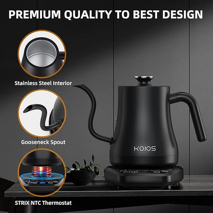 Gooseneck Electric Kettle with ±1℉ Temperature Control, KOIOS 1200W Quick Heating Gooseneck Kettle for Pour Over Coffee & Tea, 2 hours Temp Hold, Auto Shut-Off & Boil-Dry Protection, Matte Black