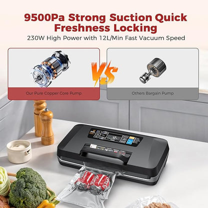 95kpa Vacuum Sealer Machine,Commercial Full Automatic Food Sealer,Powerful Sealing System with Double Heat Seal,Built-in Cutter&Bags Storage,1 Bag Rolls and 10 pcs Pre-cut Bags