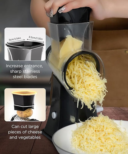 Rotary Cheese Grater Hand Crank, Cheese Shredder/Slicer/Chopper with Large Caliber and Strong Suction Base, 3 Blades for Potatoes/Nuts/Vegetables, Easy to Use Clean for Home