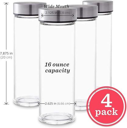 Juice Bottles - 4 Pack Wide Mouth Glass Bottles with Lids - for Juicing, Smoothies, Infused Water, Beverage Storage - 16oz, BPA Free, Stainless Steel Lids, Leakproof, Reusable, Borosilicate