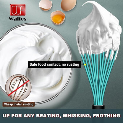 Walfos Silicone whisk,Whisks for Cooking Non Scratch, BPA Free whisk set of 4, 7+9+11in Balloon Whisks & 11in Flat Whisk, Heat Resistant(480°F).Great for Cooking in Pans, Baking, Whisking.Blue