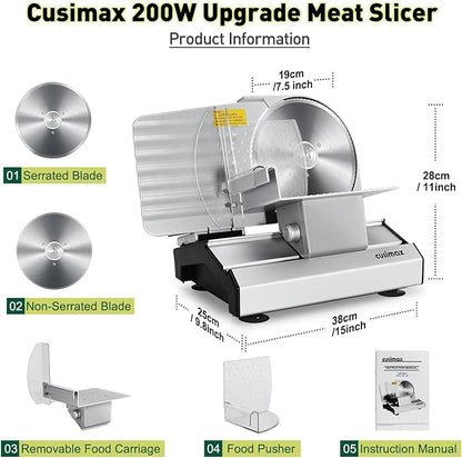 CUSIMAX Electric Meat Slicer for Home,Two 7.5''Stainless Steel Blades,1-20mm Adjustable Thickness,Easy to Cut Various Foods,Removable Food Carriage for Easy Cleaning