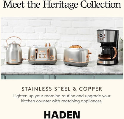 HADEN Heritage 12 Cup Programmable Retro Coffee Maker Machine Bundled with 2 Slice Wide Slot Toaster with Removable Crumb Tray, Steel/Copper