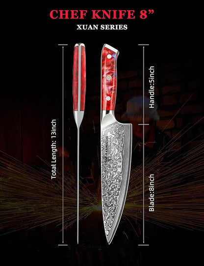 Chef Knife - 8 inch - Xuan Series - VG10 Damascus Steel Kitchen Knife - Resin Handle (Sunset Red)