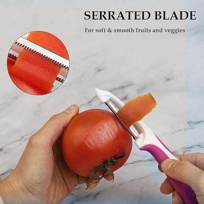 Vegetable Potato Peeler for Kitchen, 1 Piece Serrated Peeler for Soft Skin, 2 Pieces Straight Peeler for Apple Fruit Veggie, with Silicone Handle (Set of 3, Pink/Purple/Green)