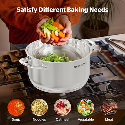SUNHOUSE Stainless Steel Stock Pot - 11 Quart Heavy-Duty Induction Cooking Pot with Visible Lid for Pasta, Soup, Spaghetti - Nonstick Thick-Bottom Deep Stockpot for Canning, Boiling, and Simmering