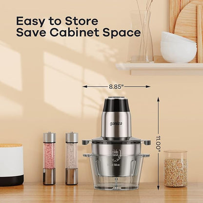GANIZA Food Processors, Electric Food Chopper with Meat Grinder & Vegetable Chopper - 2 Bowls (8 Cup+8 Cup) with Powerful 450W Copper Motor - Includes 2 Sets of Bi-Level Blades for Fruits/Meat/Nuts