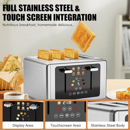 Touch screen Toaster 4 slice,Stainless Steel Digital Timer Toasters with Sound/Screen-Off Function,6 Bread Types & Shade Settings,Smart Extra Wide Slots Toaster with Bagel,Defrost,Silver