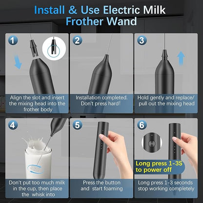 Rechargeable Milk Frother with Stand, Electric Frother Wand Handheld Coffee Foam Maker Detachable Stainless Steel Whisk Drink Mixer Foamer for Latte, Cappuccino, Hot Chocolate, Egg (Black)