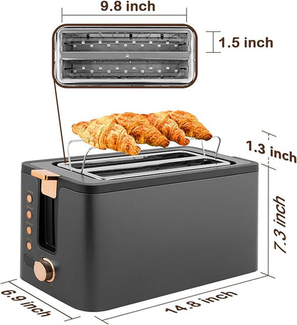 Mecity 4 Slice Toaster, Long Slot Toaster With Warming Rack, Timer, Bagel, Defrost, Reheat Functions, Crumb Tray, 6 Browning Settings, Extra Wide Long Slots, Stainless Steel, 1300W, Grey