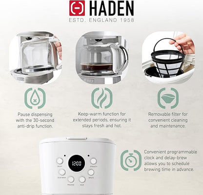HADEN Coffee Machine, 12 Cup Drip Coffee Maker Bundled with Heritage 1.7 Liter Stainless Steel Electric Kettle, Ivory & Chrome