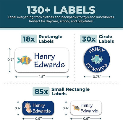 Personalized Daycare Name Labels for Kids (130 Labels) - Custom Waterproof Name Stickers for Clothing Tags, Water Bottles, Lunch Boxes and School Supplies (Water Animals)