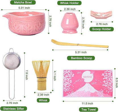 Matcha Whisk Bowl Set, 7PCS All-in-One Japanese Tea Set Includes Matcha Bowl with Spout, Bamboo Whisk (Chasen) with Stand, Scoop, Sifter, Complete Kit for Ceremony, Gift for Matcha Tea Lovers（Pink)