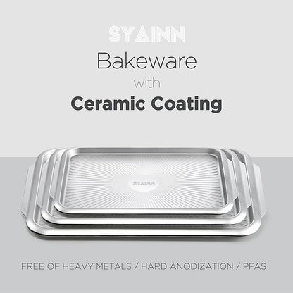 SYAINN Non-stick Ceramic Baking Sheet Set, Pack of 3 - Aluminum Steel Cookie Sheets for Baking - Includes Half/Quarter/Jelly Roll Pans - Warp Resistant, Toxic, PTFE & PFOA Free - Sliver