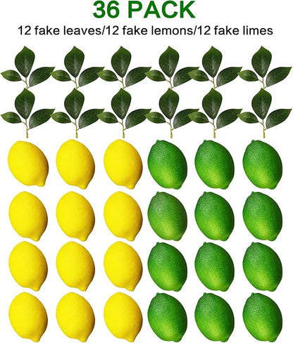 Fake Fruit Artificial Lemons 24 Pcs, Faux Lemon Leaves 12 Pcs Lifelike Fake Lemon Decor for Kitchen Table Cabinet Party Plastic Fruits Photography Prop