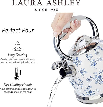 VQ Laura Ashley China Rose 2.5L Stainless Steel Tea Kettle Stovetop Whistling Teapot for Induction, Gas Hob or others. Silicon Coated Cool Handle & Push Button Mechanism Vintage Stove Top Kettle