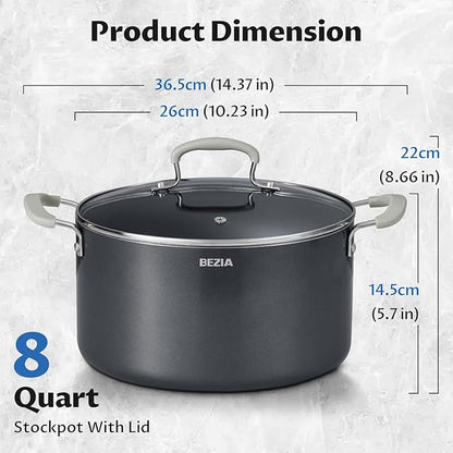 8 Quart Nonstick Stock Pot with Lid, BEZIA Ceramic Soup Pot with Lid, Induction Ready, Large Cooking Pot with Silicone Handle, Compatible with All Cooktops, Dishwasher Safe