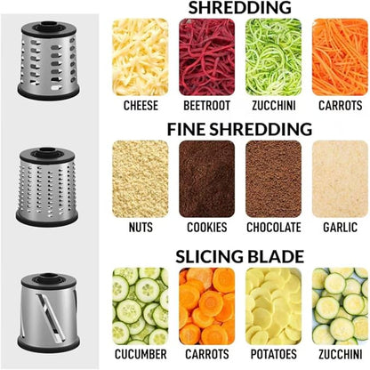JIUMEXES Rotary Cheese Grater Hand Crank with 3-in-1 Blades – Fast, Safe & Effortless Grating, Perfect for Cheese, Vegetables & Chocolate, BPA-Free, Stable Suction Base