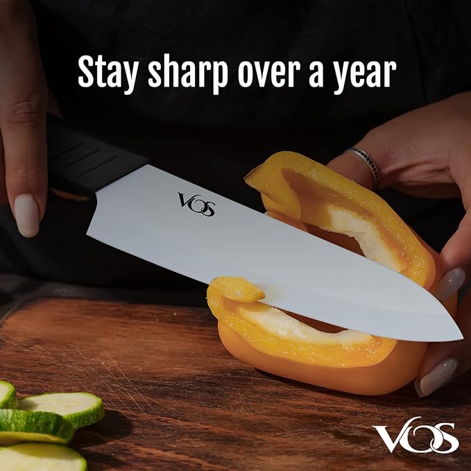 Vos Ceramic Knife Set in Elegant Gift Box, Ceramic Knives Set For Kitchen, Ultra Sharp Kitchen Knife Set with Covers, 4" 5" 6" Paring, Santoku & Chef Knife, Lightweight, Dishwasher safe (Black Handle)