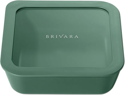 Ceramic Coated Glass Food Storage Container | No PTFE, PFOA, PFAS, and BPA | Reusable Non Toxic Meal Prep Container with Glass Lid | Easy To Store | 5 Cup Square [Pine]