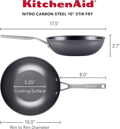 KitchenAid NITRO Carbon Steel Stir Fry Pan/Wok, Stainless Steel Handle, Compatible with All Cooktops, 10 Inch - Black