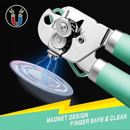 PrinChef Can Opener Manual, Can Tin Bottle Opener with Magnet - No-Trouble-Lid-Lift, Handheld Can Opener Smooth Edge with Sharp Blade, Heavy Duty and Easy to Use, for Seniors with Arthritis, Green