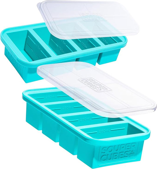 Souper Cubes 1 Cup Silicone Soup Freezer Molds with Lids - Soup Cubes with Steel Reinforced Rim - Perfect for Freezing Broth, Rice, Individual Portions, Meal Prepping and More - Aqua - 2-Pack