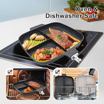 3 in 1 Grill Pan for Stove Tops with Detachable Handle, Nonstick Versatile Griddle Divided Pan, Square Skillet PFOA Free, Black