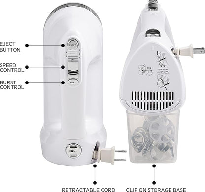 Kenmore Hand Mixer – 5 Speed Handheld Blender, Electric Egg Beater, Whisk, Dough Hooks, Storage Case, Turbo Boost for Cake Mix, Baking, Retractable Cord, Kitchen Appliances