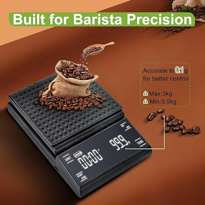 Coffee Scale with Timer, Rechargeable Espresso Scale & Coffee Bean Scale - 3kg/0.1g Precise Small Digital Kitchen Scale for Espresso Accessories Kit, Pour-Over, and Multi-Purpose Use