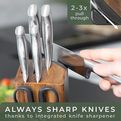 WALDWERK Knife Set - 7pcs Kitchen Knife Set with Block and Integrated Sharpener - Knife Block Set - Knife Block