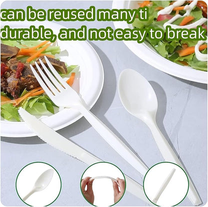 150PCS compostable utensils set Eco-friendly Heavy Duty Utensils (50 Forks, 50 Spoons, 50 Knives) Compostable Cutlery Set Biodegradable Utensils disposable silverware for party BBQ, Picnic Daily Use