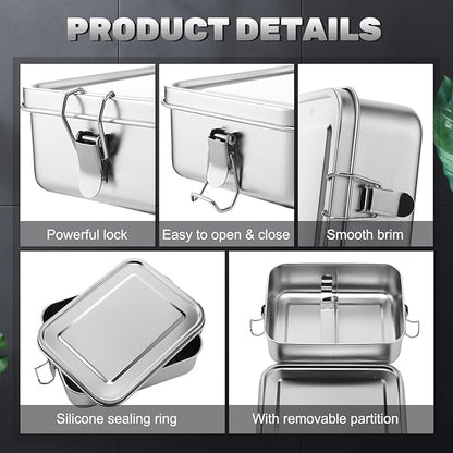 Umigy 1 Pcs Stainless Steel Food Containers 1200ml Metal Bento Lunch Box Stainless Steel Food Storage Containers, Lockable Clips to Leak Proof, Reusable Dishwasher Snack Boxes for Work, Picnic