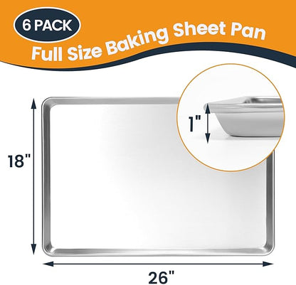 6 Pack Full Size Baking Sheet Pan, Aluminum Commercial Cookie Sheet Pan, Durable & Anti-Stick 26”x 18”