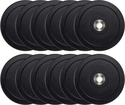 CAP Barbell 2-Inch Olympic Bumper Plate Weight Set with 6 Post Rack | 100-370 lbs | Multiple Options